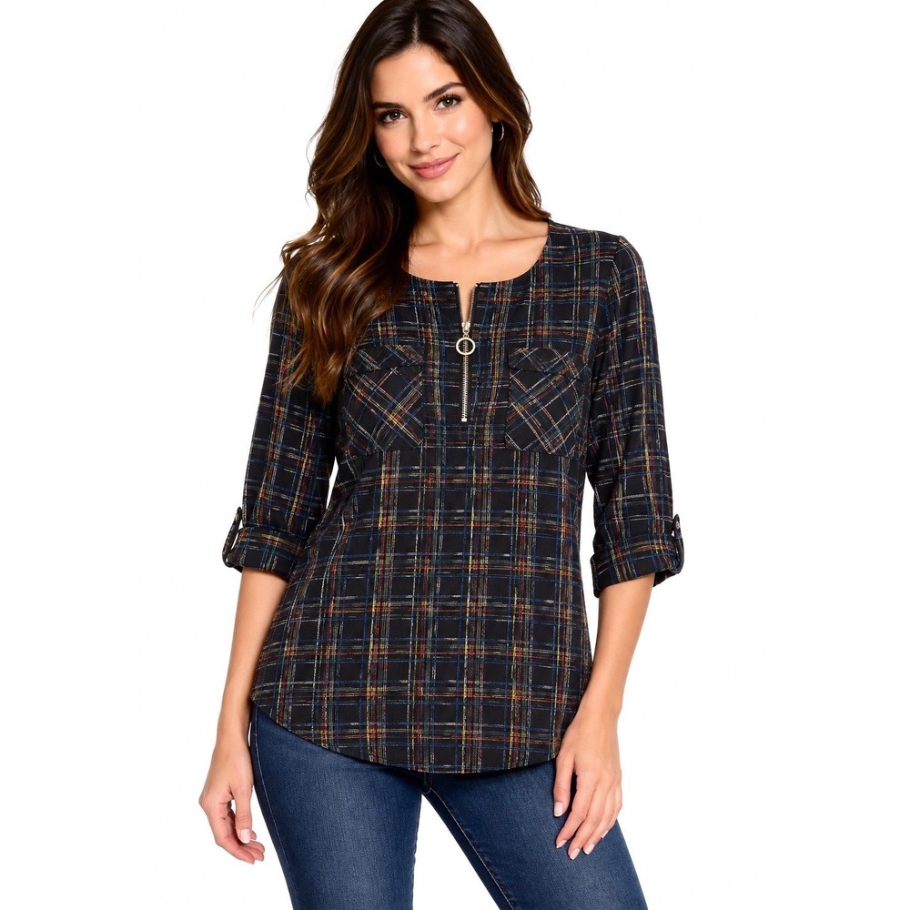 Cathy Quarter Zip Top Womens M S Black Rainbow Plaid‎ Roll Tab Gauzy Pockets